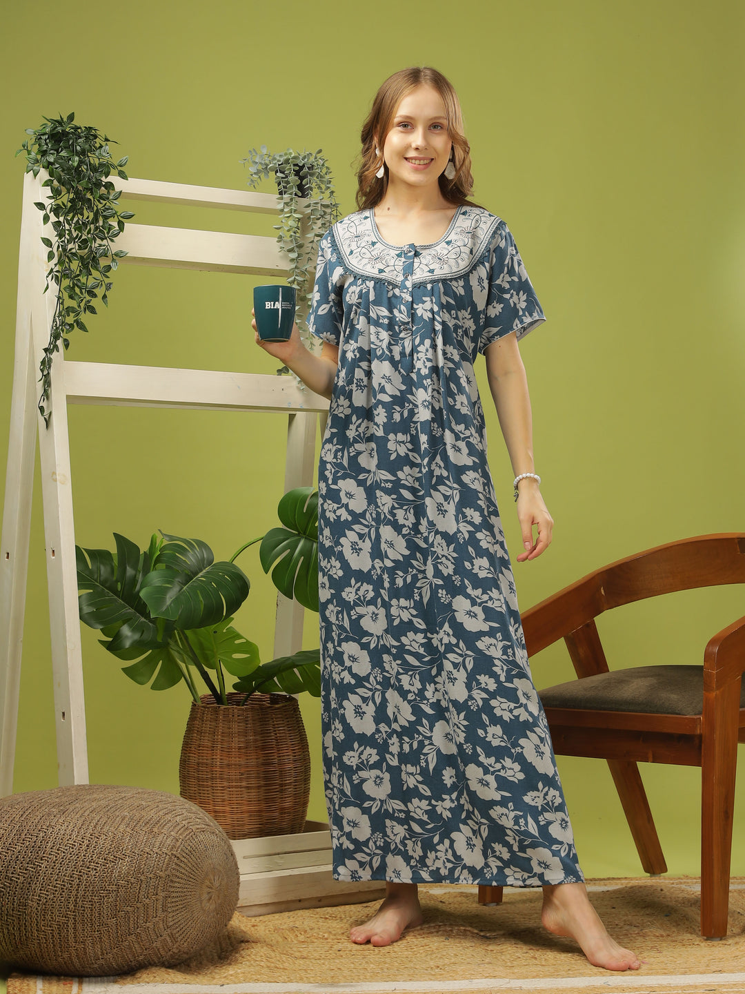 Teal Blue Alpine Floral Nightdress | Lightweight, Wrinkle-Free Comfort