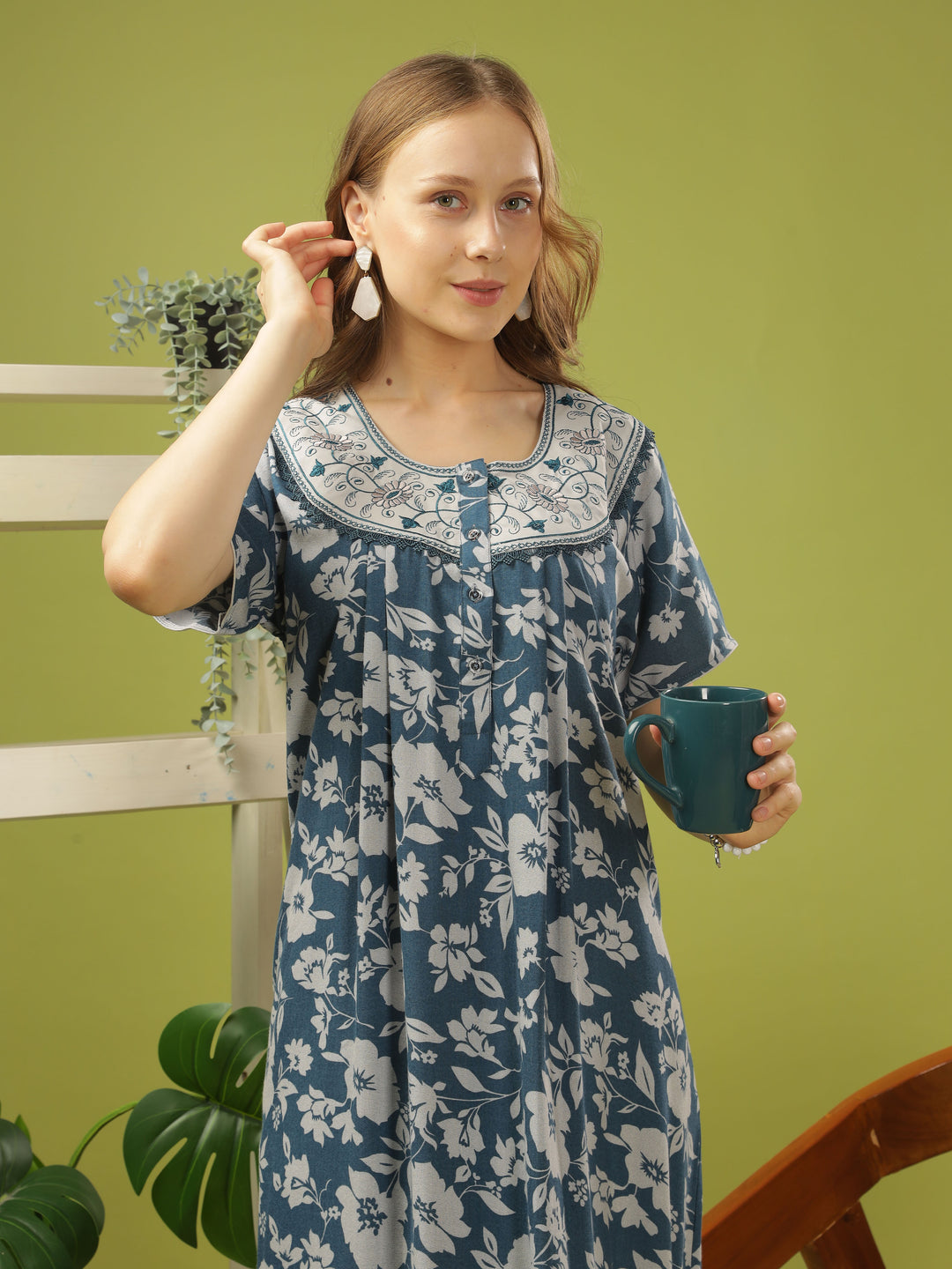 Teal Blue Alpine Floral Nightdress | Lightweight, Wrinkle-Free Comfort