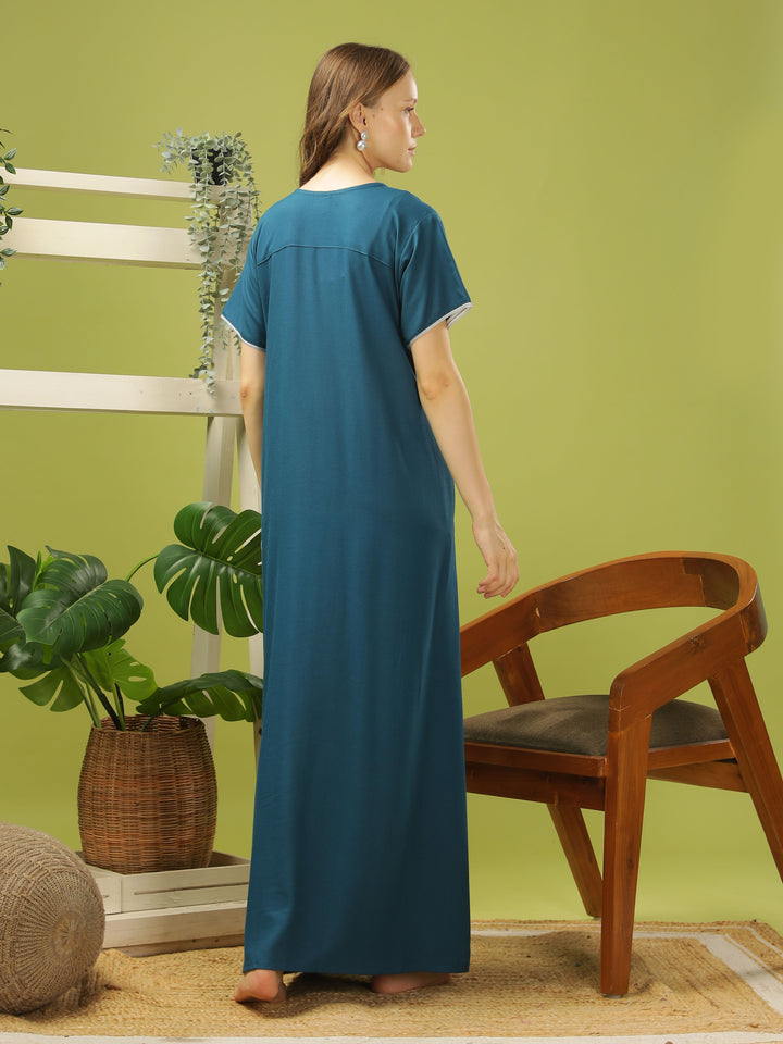 Electric Blue Embroidered A-Line Nighty - Comfortable Sleepwear