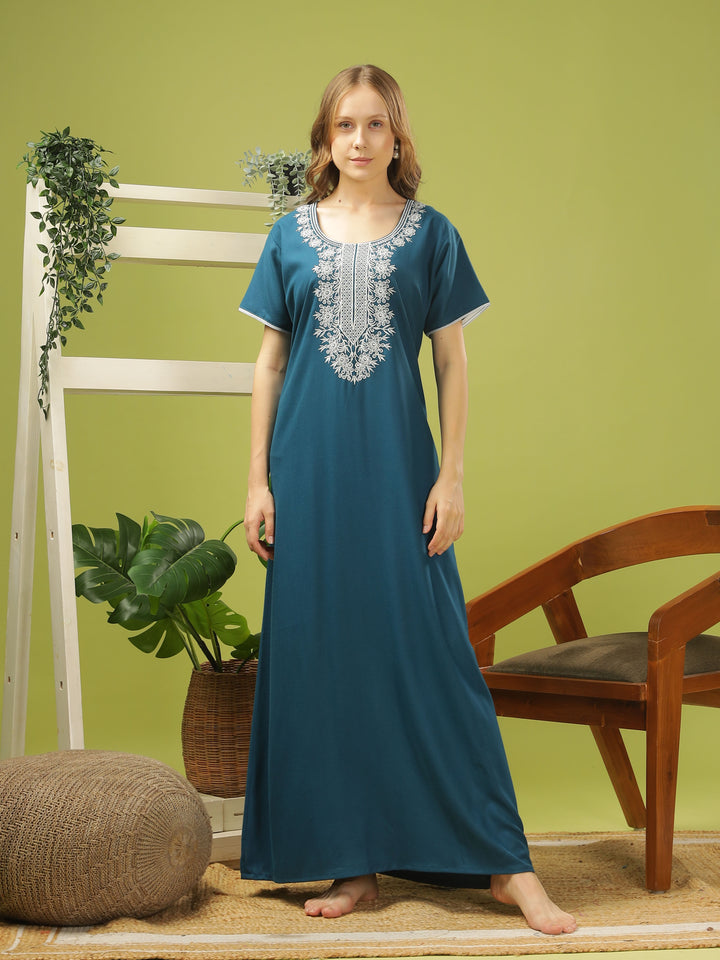 Electric Blue Embroidered A-Line Nighty - Comfortable Sleepwear