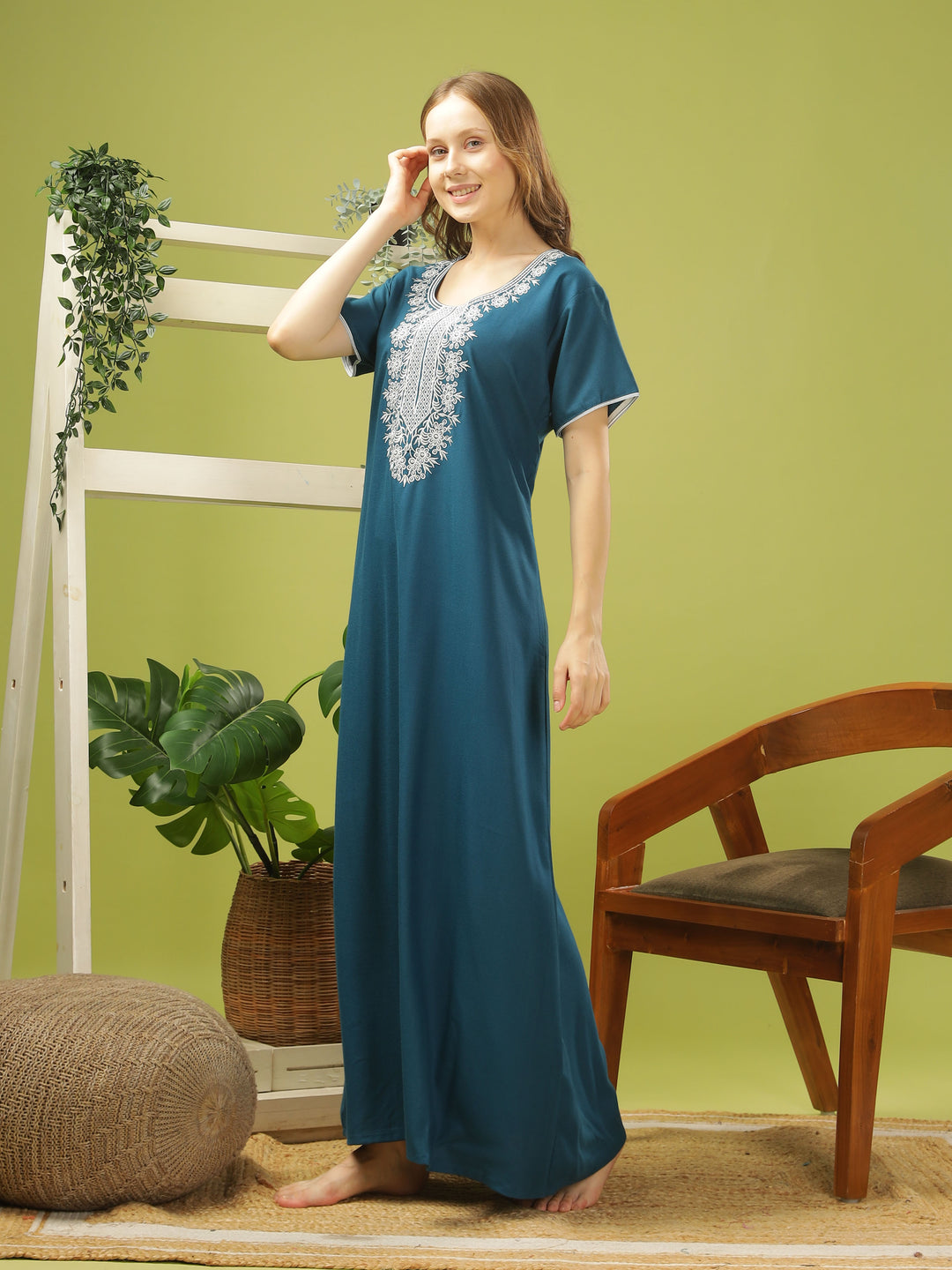 Electric Blue Embroidered A-Line Nighty - Comfortable Sleepwear