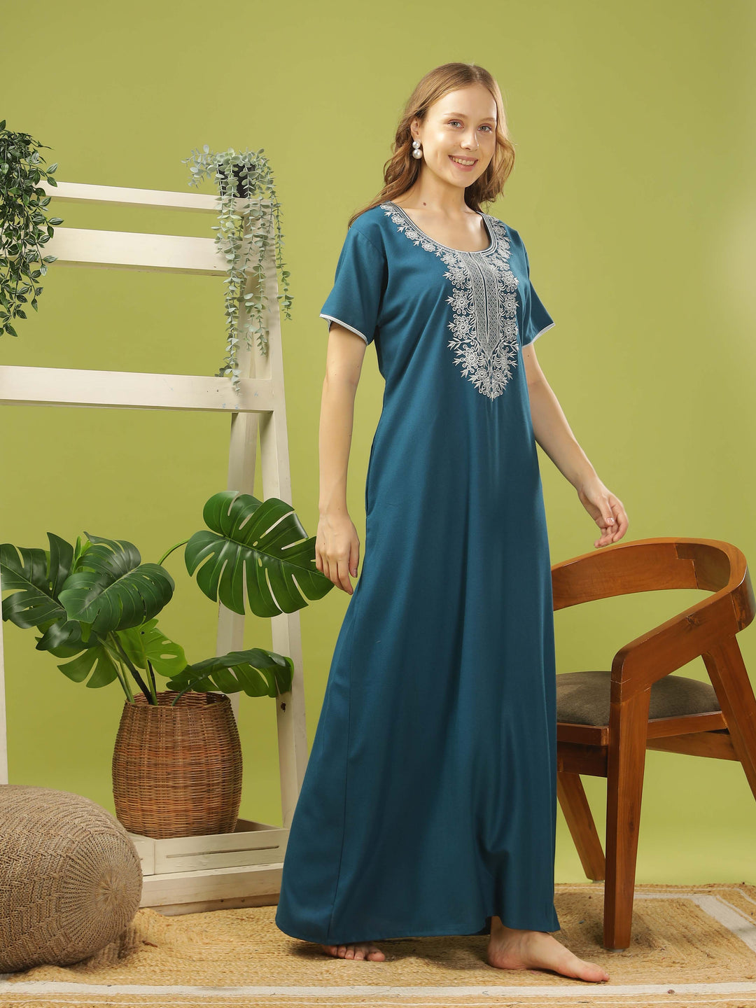 Electric Blue Embroidered A-Line Nighty - Comfortable Sleepwear