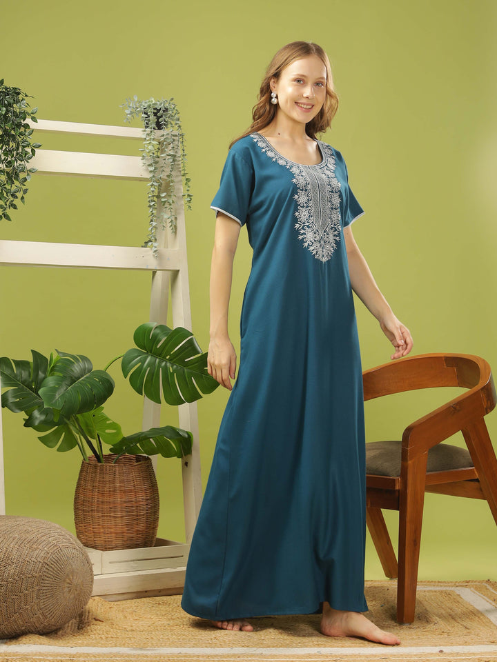 Electric Blue Embroidered A-Line Nighty - Comfortable Sleepwear