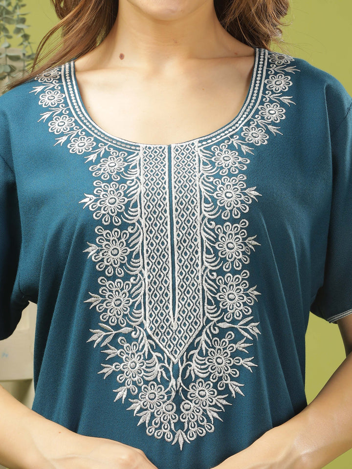 Electric Blue Embroidered A-Line Nighty - Comfortable Sleepwear