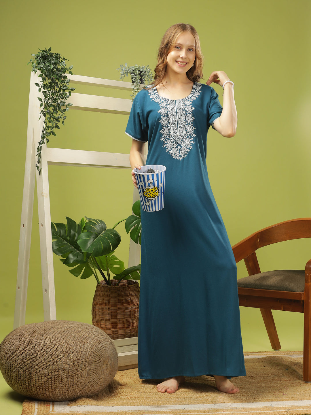 Electric Blue Embroidered A-Line Nighty - Comfortable Sleepwear