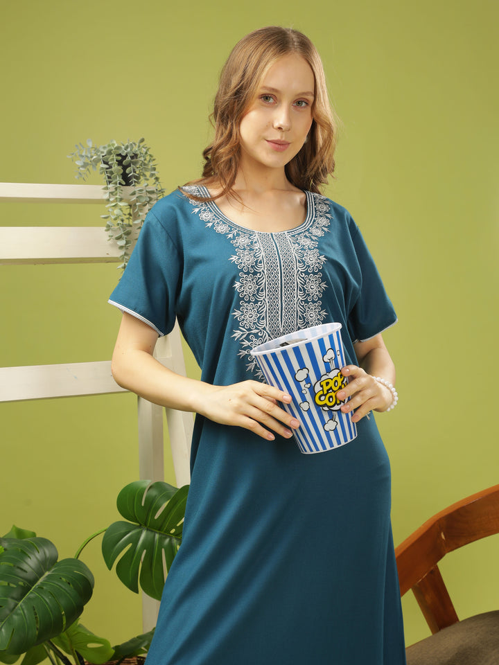 Electric Blue Embroidered A-Line Nighty - Comfortable Sleepwear