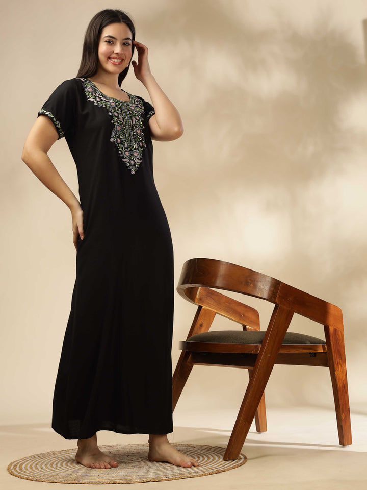 Luxurious Black Alpine Nighty with Fancy Embroidery