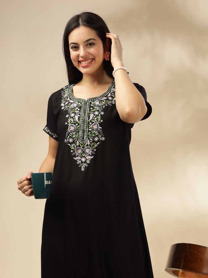 Luxurious Black Alpine Nighty with Fancy Embroidery