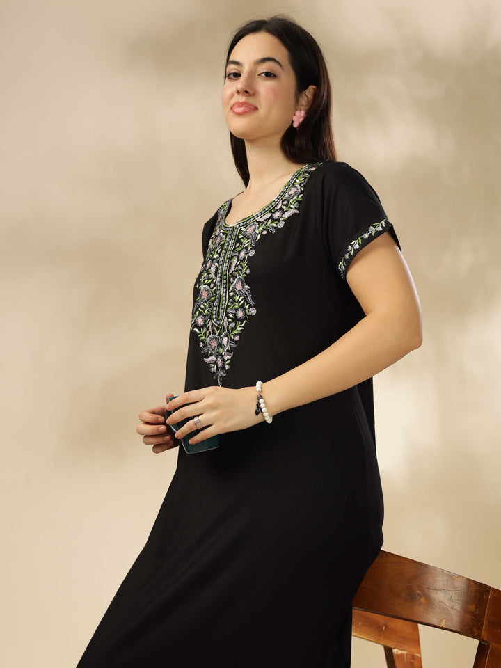 Luxurious Black Alpine Nighty with Fancy Embroidery