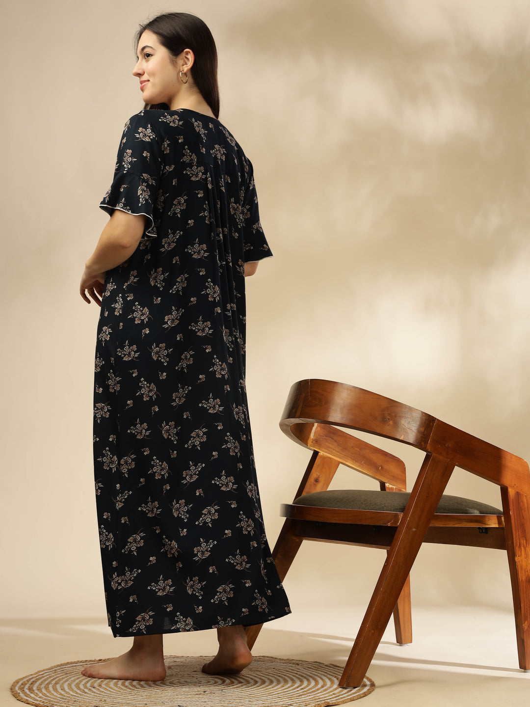 Midnight Blue Alpine Nighty – Floral Print with Stylish Flutter Sleeves