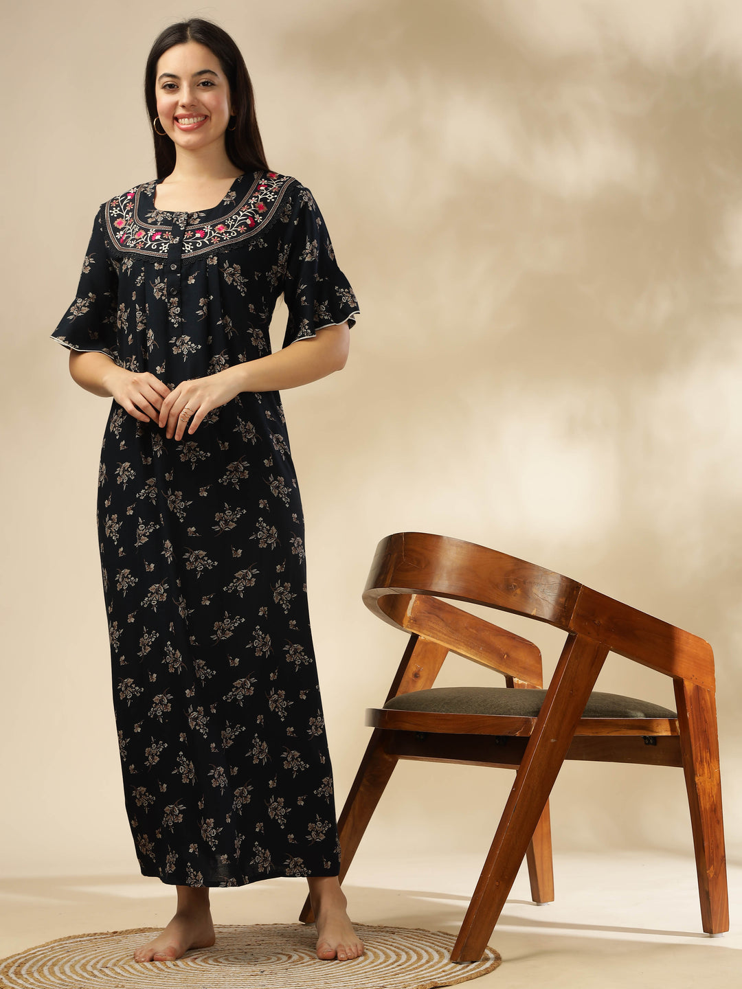 Midnight Blue Alpine Nighty – Floral Print with Stylish Flutter Sleeves