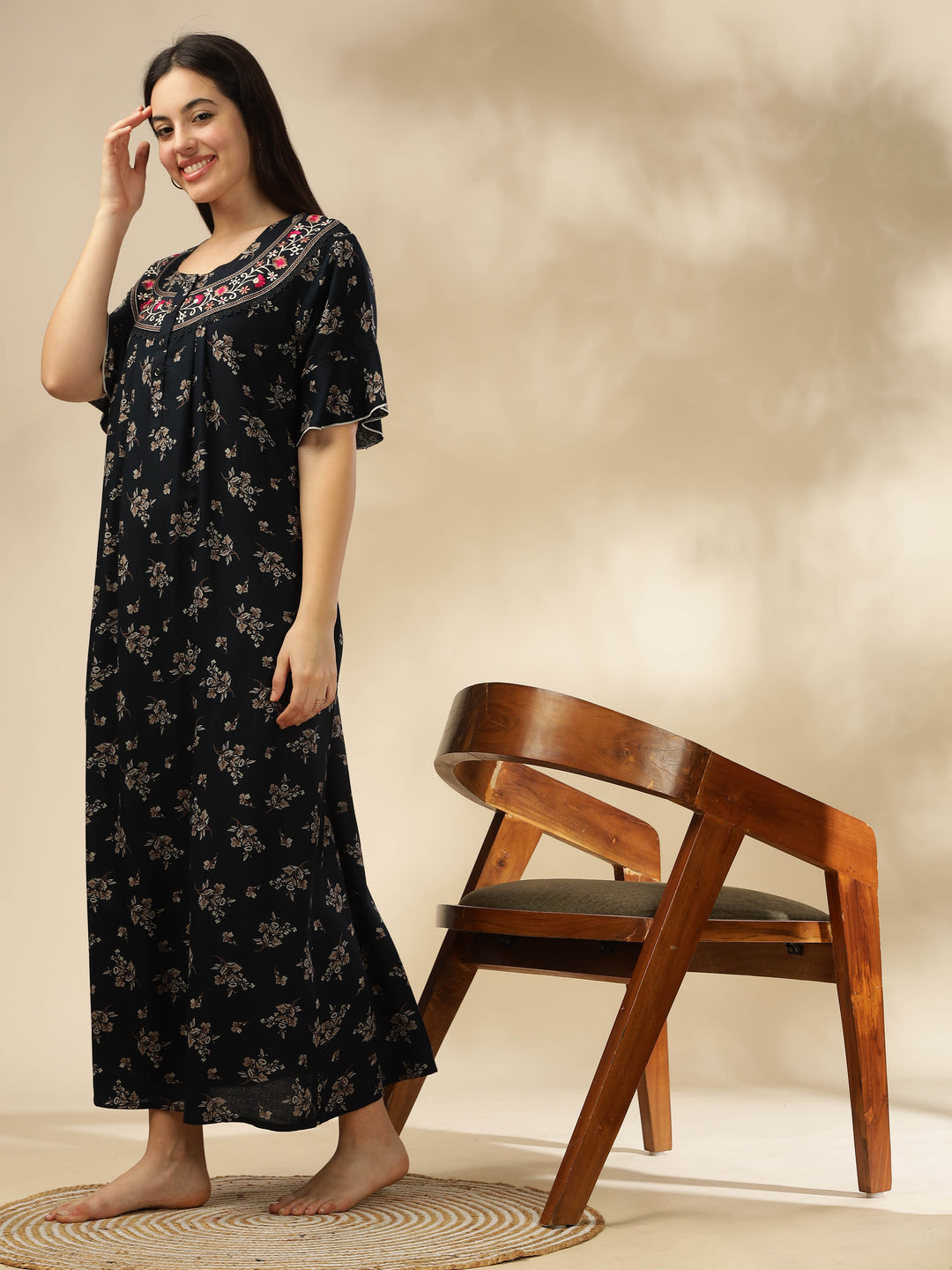 Midnight Blue Alpine Nighty – Floral Print with Stylish Flutter Sleeves