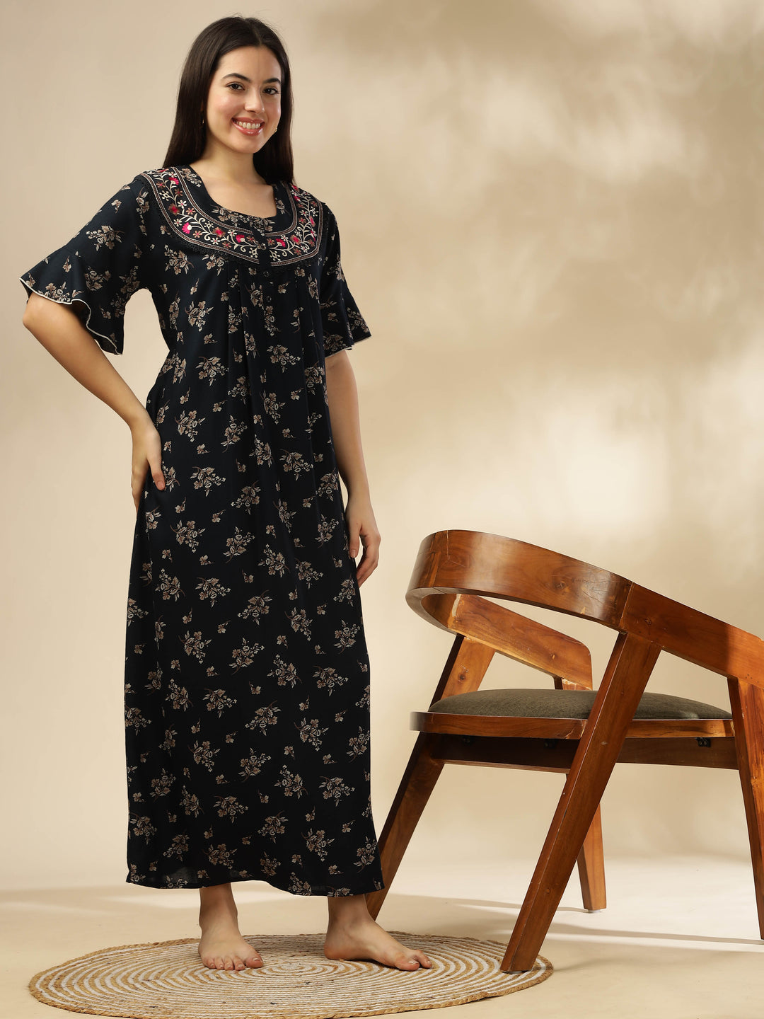 Midnight Blue Alpine Nighty – Floral Print with Stylish Flutter Sleeves