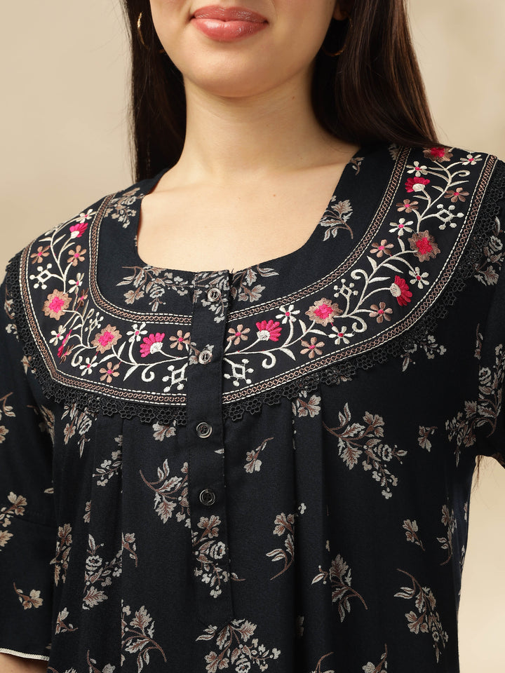 Midnight Blue Alpine Nighty – Floral Print with Stylish Flutter Sleeves