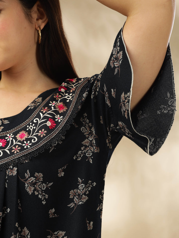 Midnight Blue Alpine Nighty – Floral Print with Stylish Flutter Sleeves