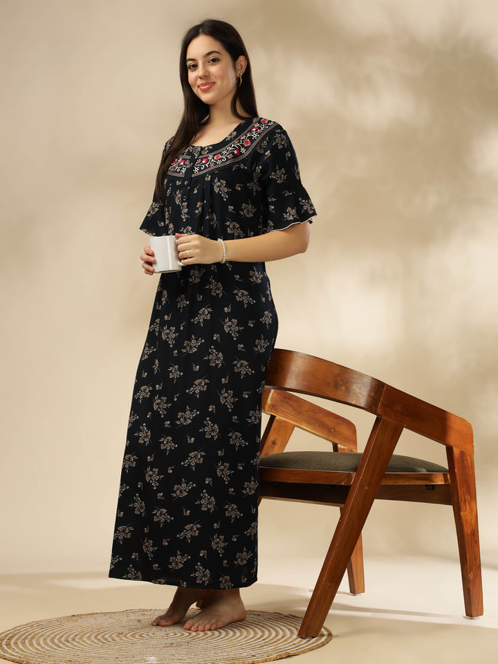 Midnight Blue Alpine Nighty – Floral Print with Stylish Flutter Sleeves