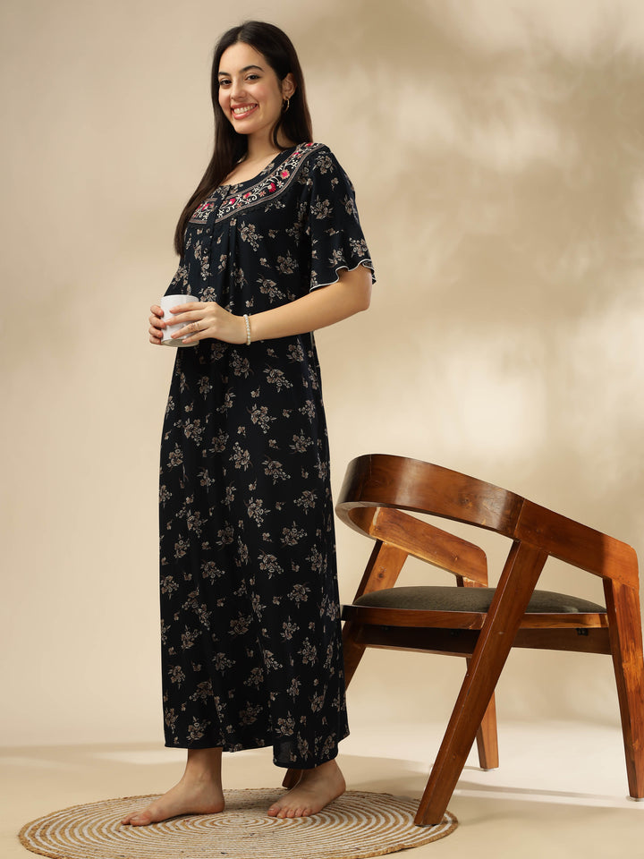 Midnight Blue Alpine Nighty – Floral Print with Stylish Flutter Sleeves