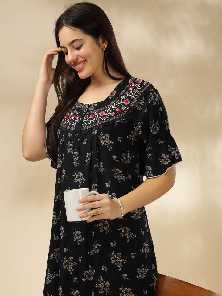 Midnight Blue Alpine Nighty – Floral Print with Stylish Flutter Sleeves