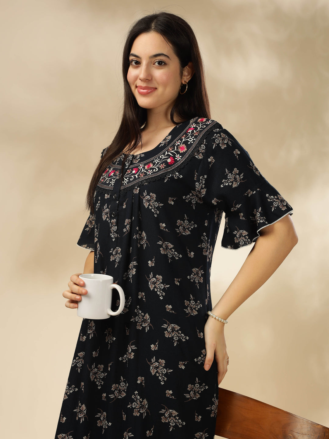 Midnight Blue Alpine Nighty – Floral Print with Stylish Flutter Sleeves