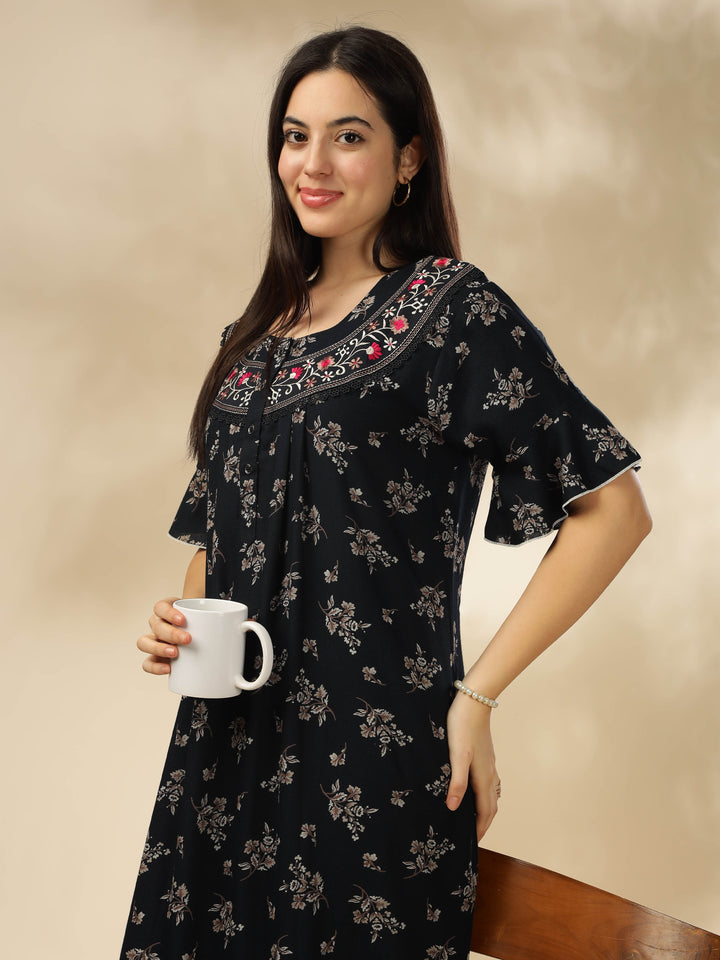 Midnight Blue Alpine Nighty – Floral Print with Stylish Flutter Sleeves