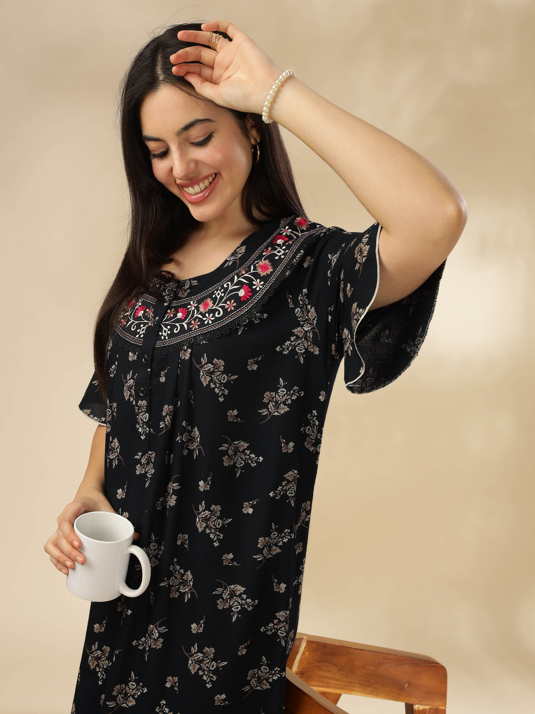 Midnight Blue Alpine Nighty – Floral Print with Stylish Flutter Sleeves