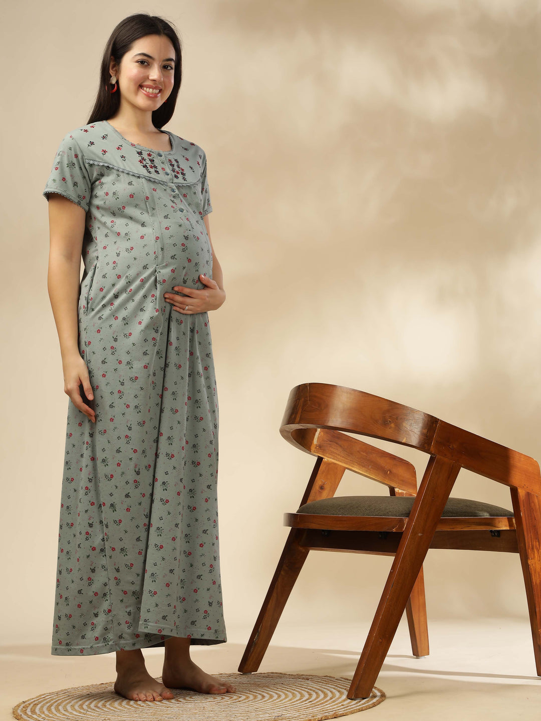 Green Maternity Night Dress For Women