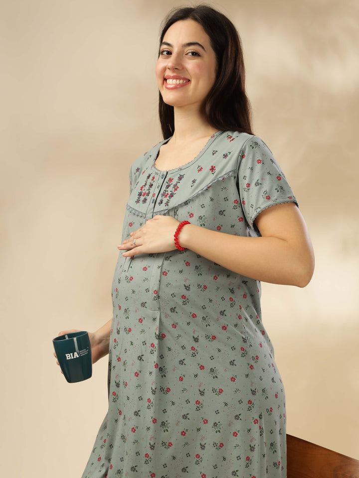 Green Maternity Night Dress For Women