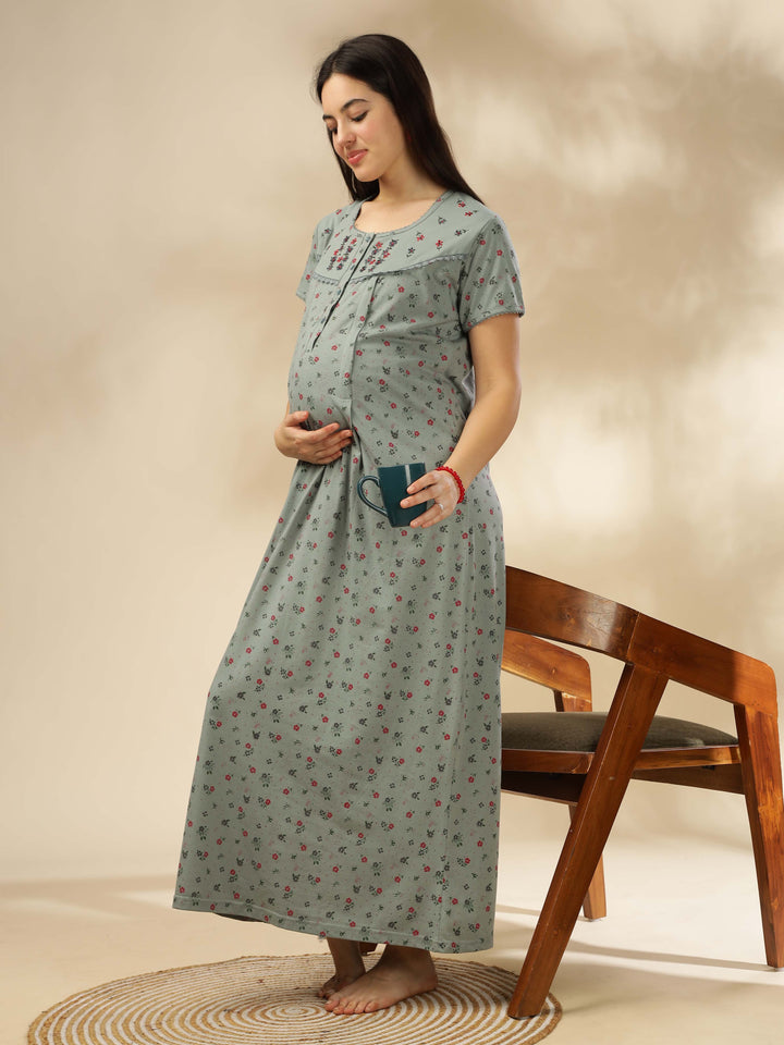 Green Maternity Night Dress For Women