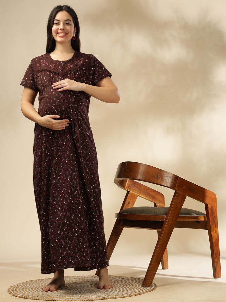 Chocolate Cotton Blend Feeding Maternity Maxi Nightdress