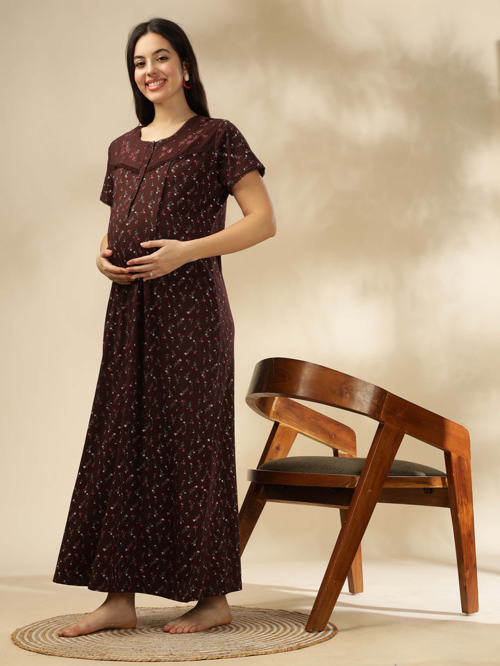 Chocolate Cotton Blend Feeding Maternity Maxi Nightdress