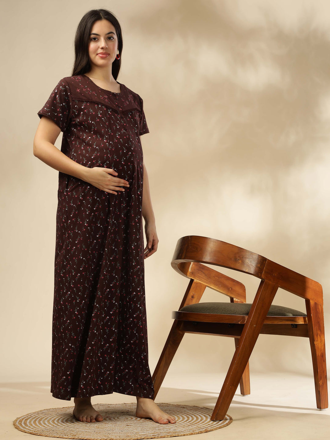 Chocolate Cotton Blend Feeding Maternity Maxi Nightdress