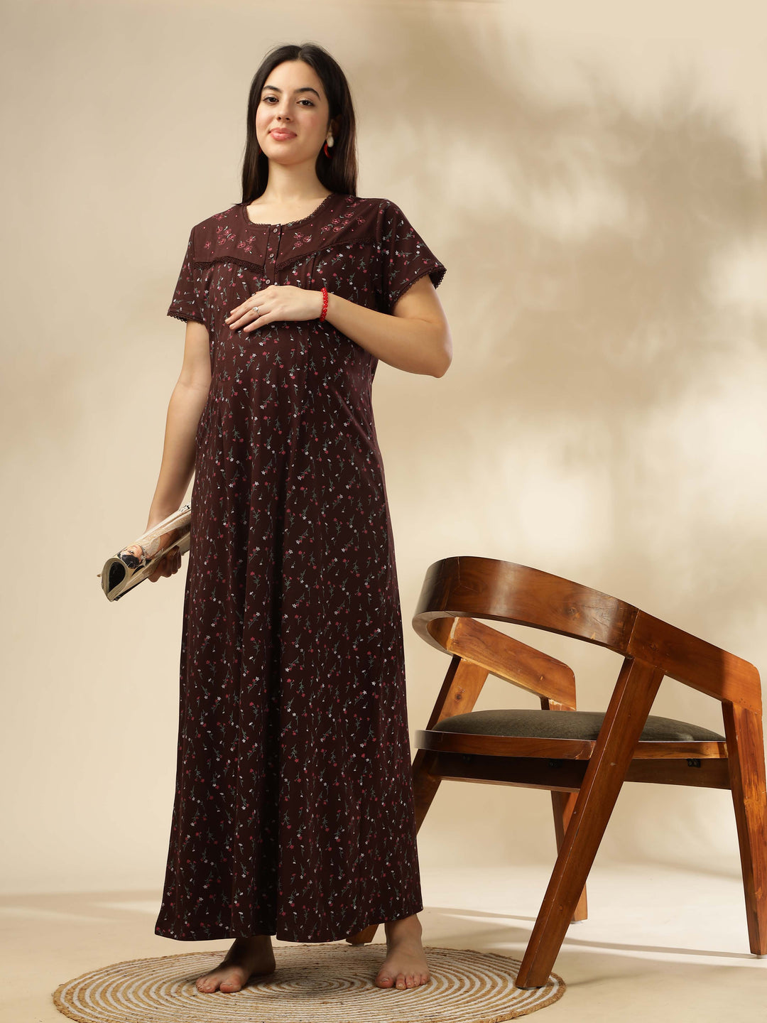 Chocolate Cotton Blend Feeding Maternity Maxi Nightdress