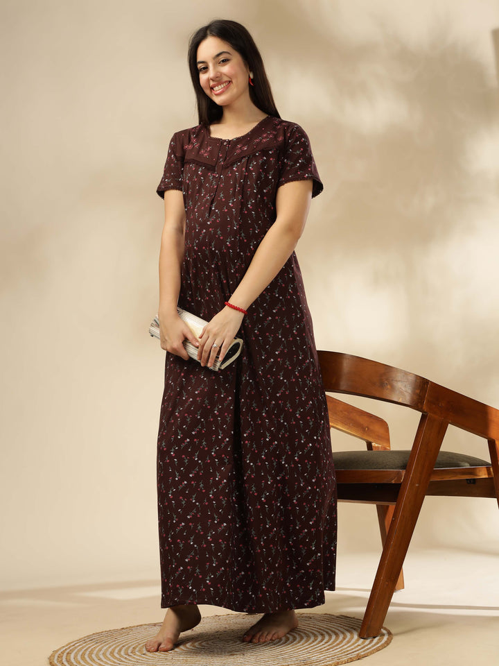 Chocolate Cotton Blend Feeding Maternity Maxi Nightdress