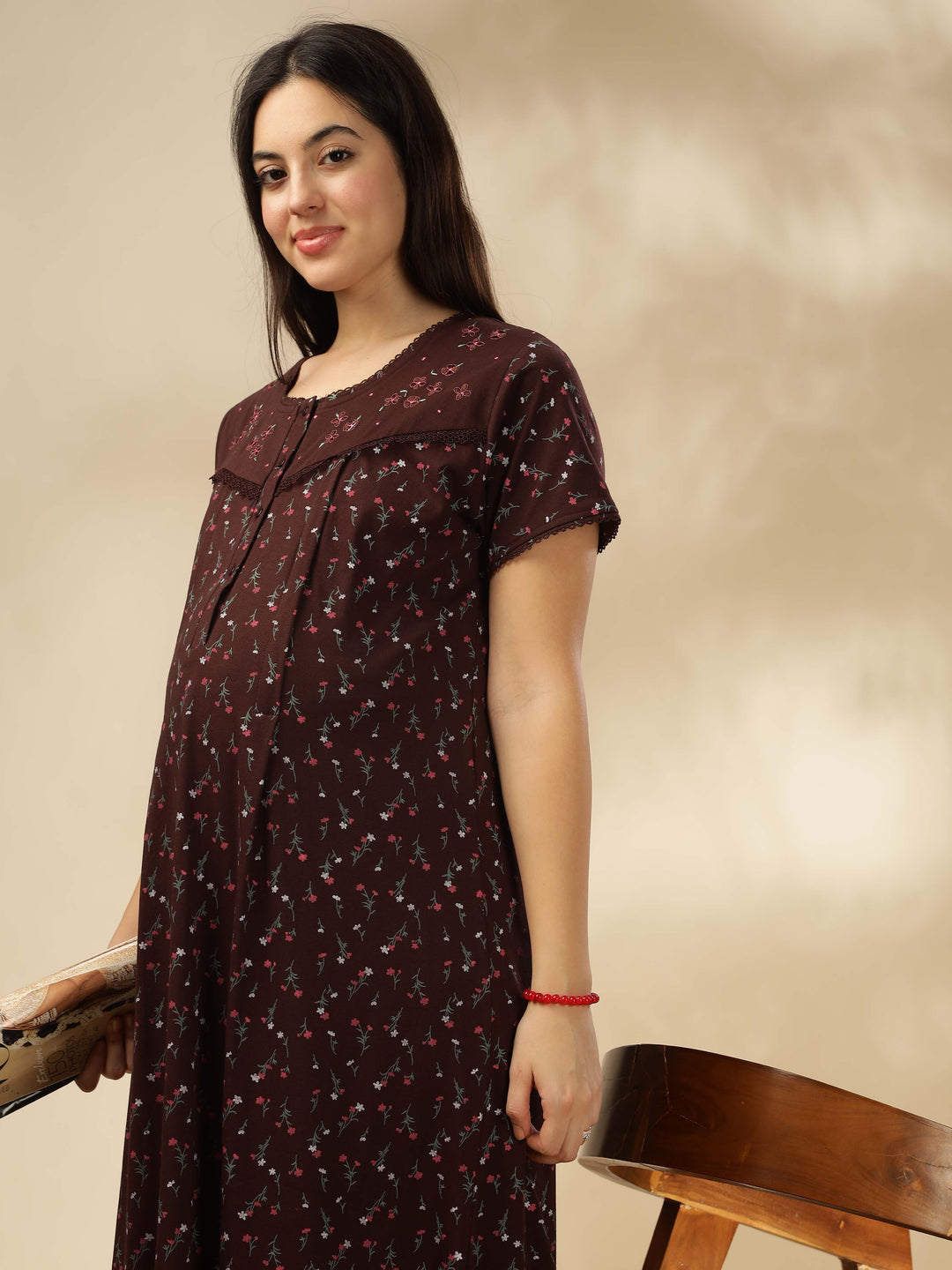 Chocolate Cotton Blend Feeding Maternity Maxi Nightdress