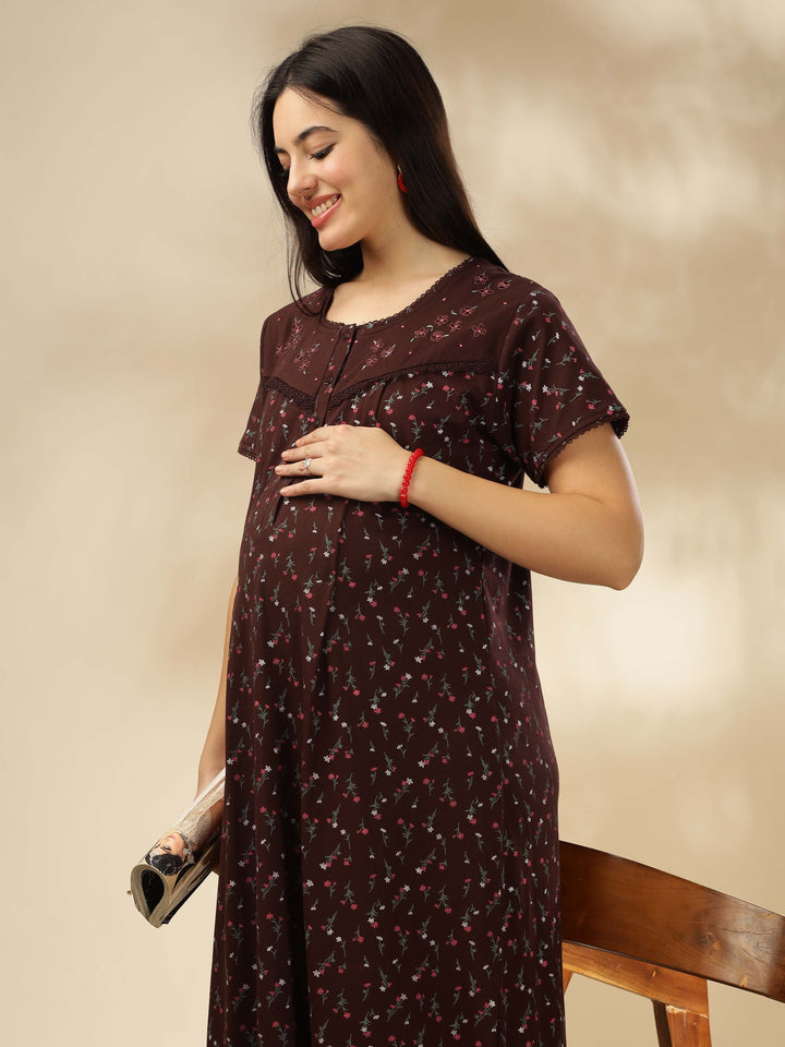 Chocolate Cotton Blend Feeding Maternity Maxi Nightdress