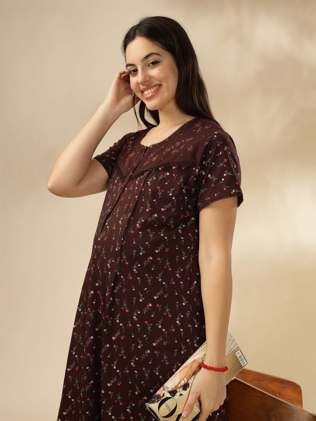 Chocolate Cotton Blend Feeding Maternity Maxi Nightdress