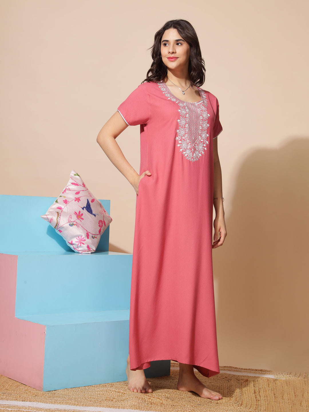 Chic Rust Embroidered A-Line Nighty - Comfortable Sleepwear