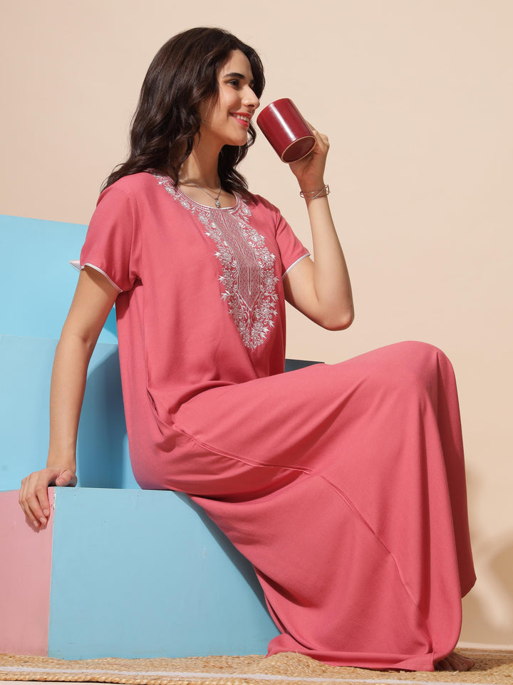 Chic Rust Embroidered A-Line Nighty - Comfortable Sleepwear