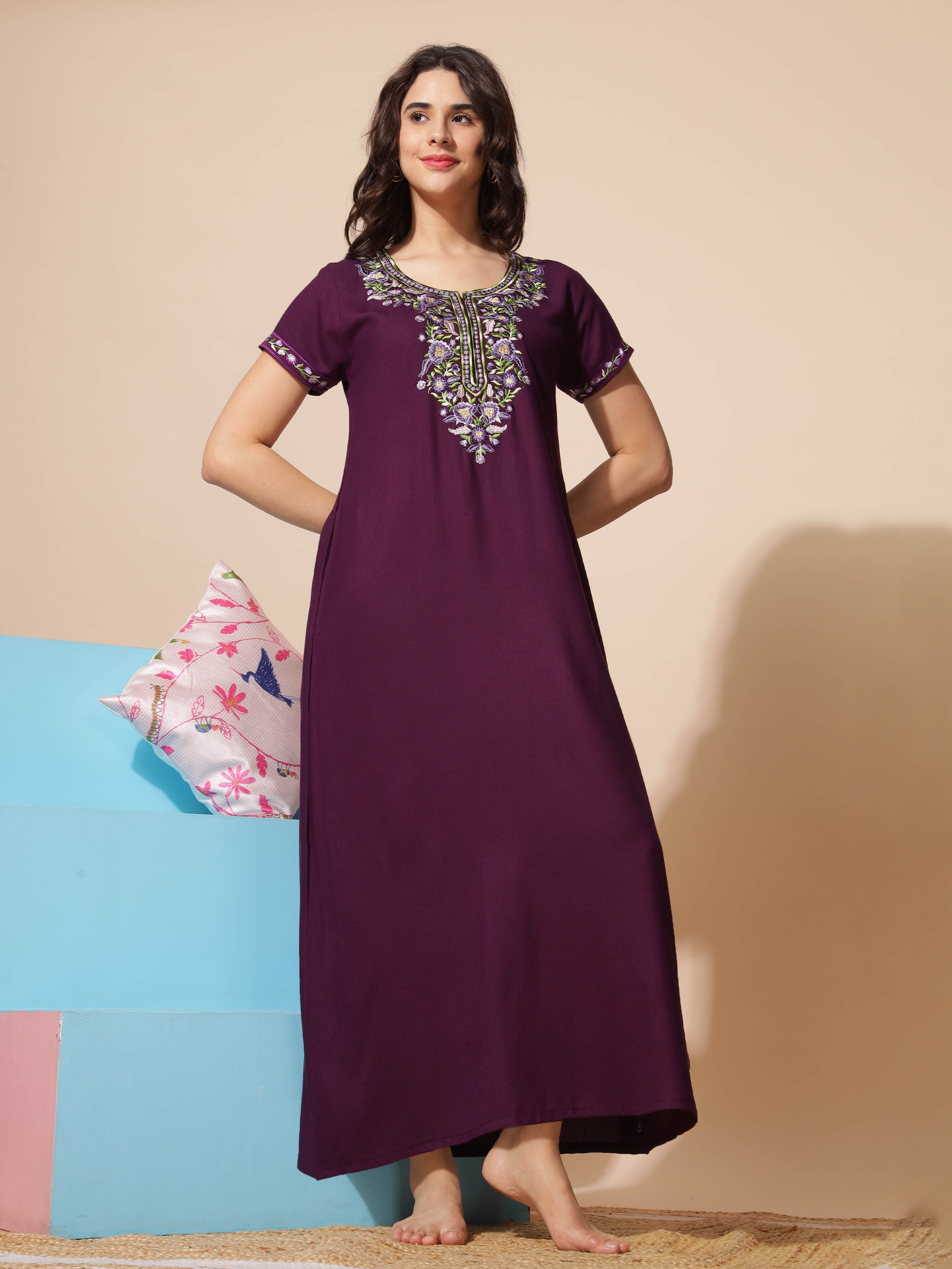 Buy Purple Alpine Nighty Stunning Embroidered Design for All Seasons at 9shines label