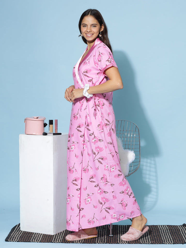 Pink Viscose Blend Cotton Housecoat for Women