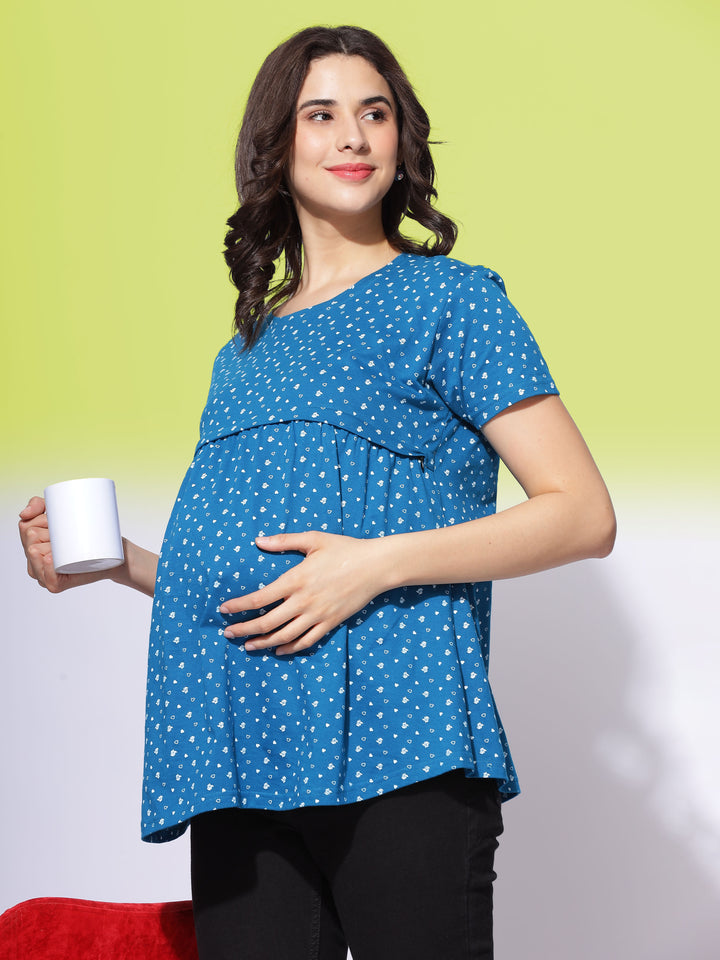 Hosiery Cotton Maternity Feeding Petrol Blue Top