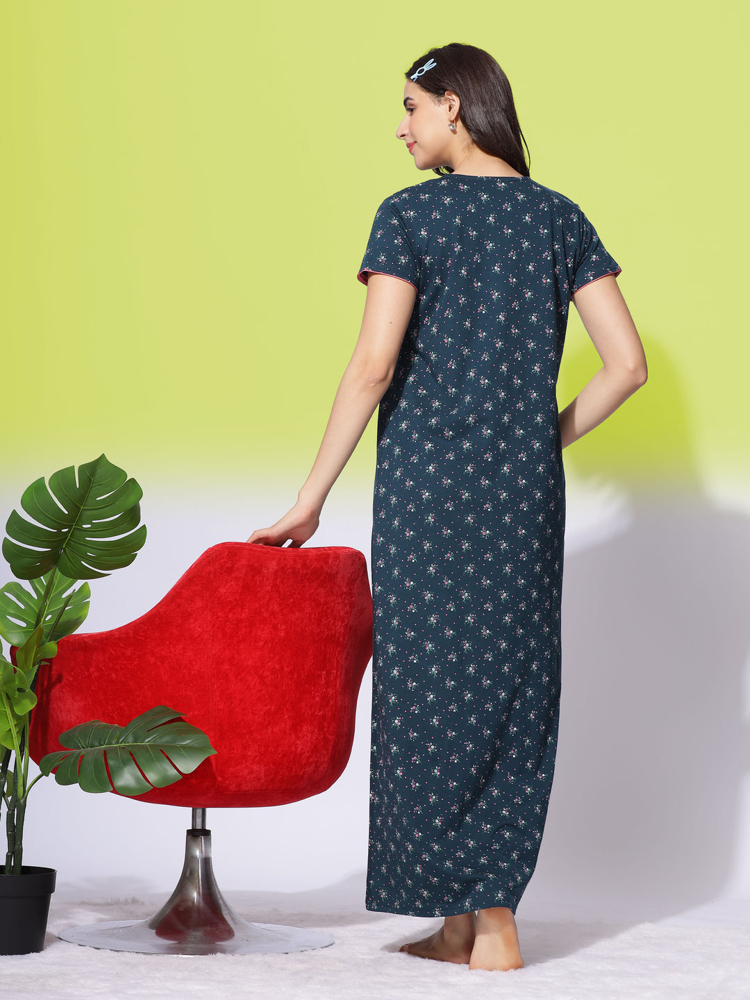  Cotton Blend Nighty  Forest Green Women's Cotton Blend Maxi Nighty with Front Buttons- 9shines label 