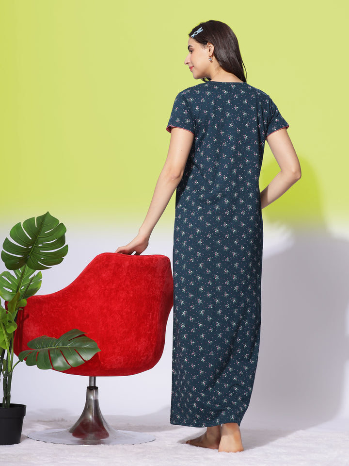  Cotton Blend Nighty  Forest Green Women's Cotton Blend Maxi Nighty with Front Buttons- 9shines label 