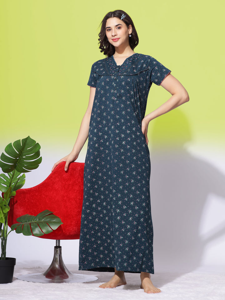  Cotton Blend Nighty  Forest Green Women's Cotton Blend Maxi Nighty with Front Buttons- 9shines label 