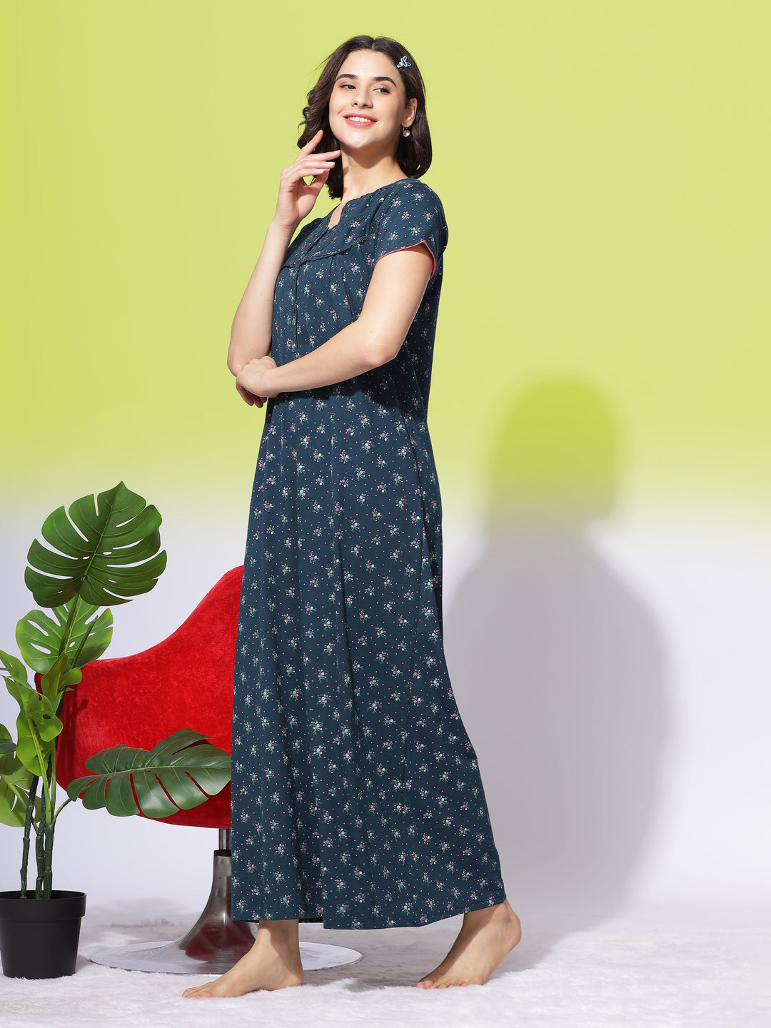  Cotton Blend Nighty  Forest Green Women's Cotton Blend Maxi Nighty with Front Buttons- 9shines label 