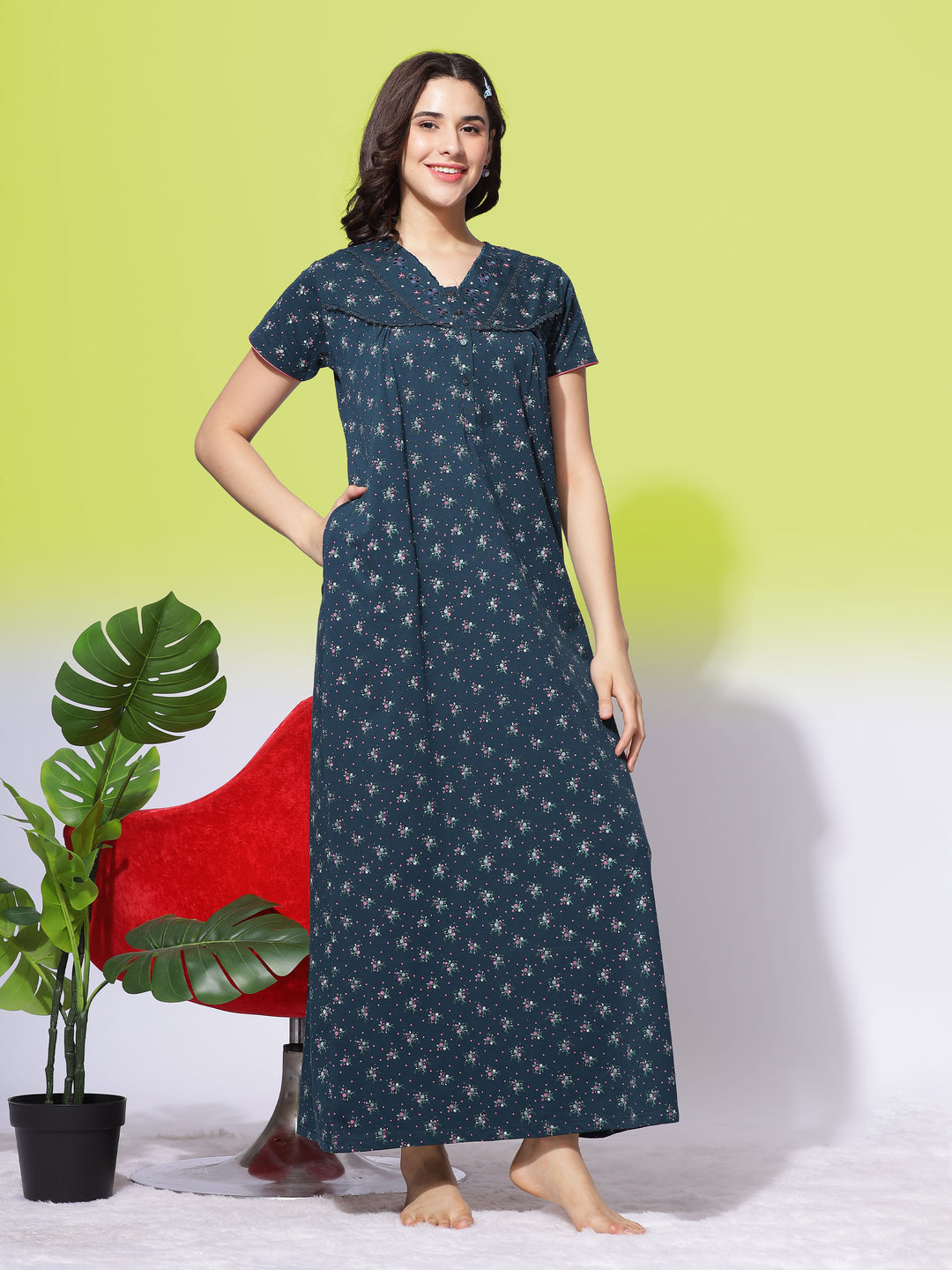  Cotton Blend Nighty  Forest Green Women's Cotton Blend Maxi Nighty with Front Buttons- 9shines label 