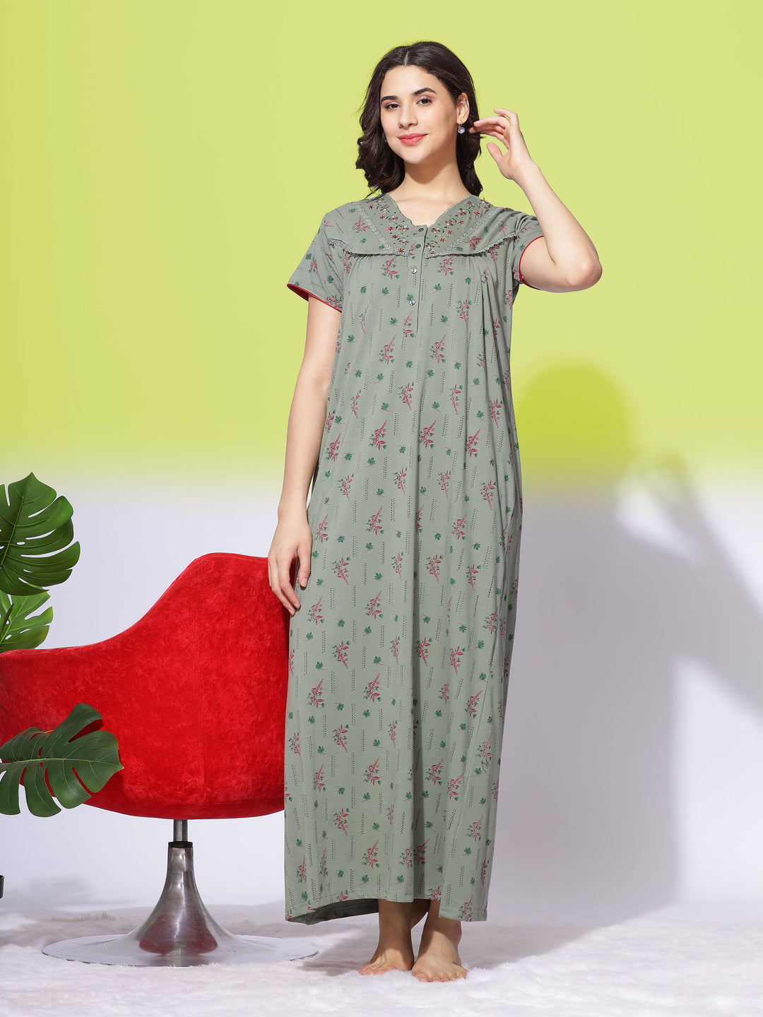 Olive Green Cotton Blend Maxi Nightdress with Front Buttons and Pocket