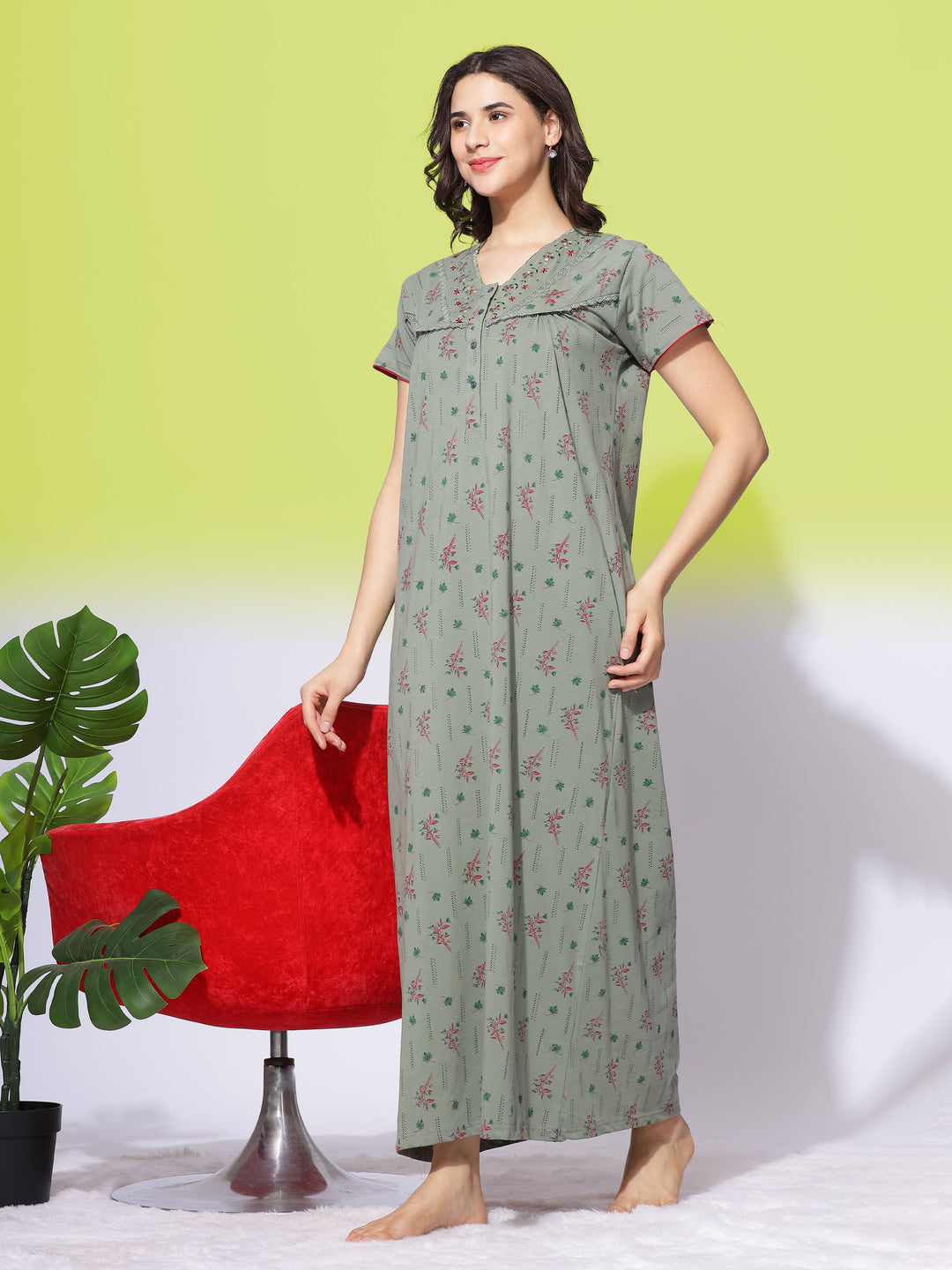 Olive Green Cotton Blend Maxi Nightdress with Front Buttons and Pocket
