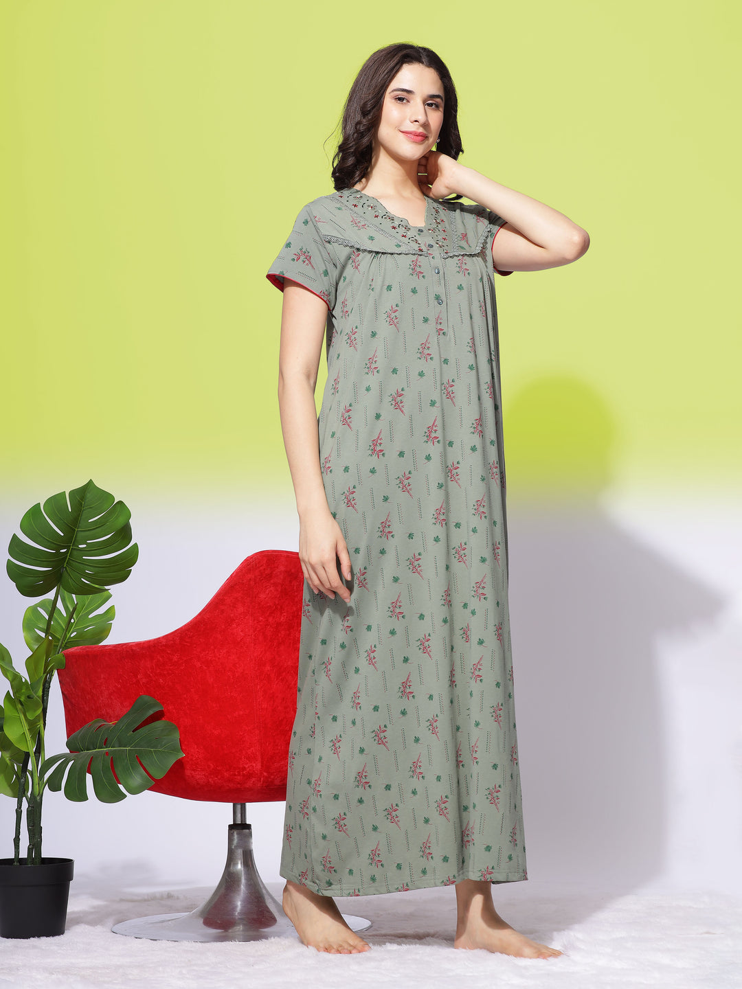 Olive Green Cotton Blend Maxi Nightdress with Front Buttons and Pocket