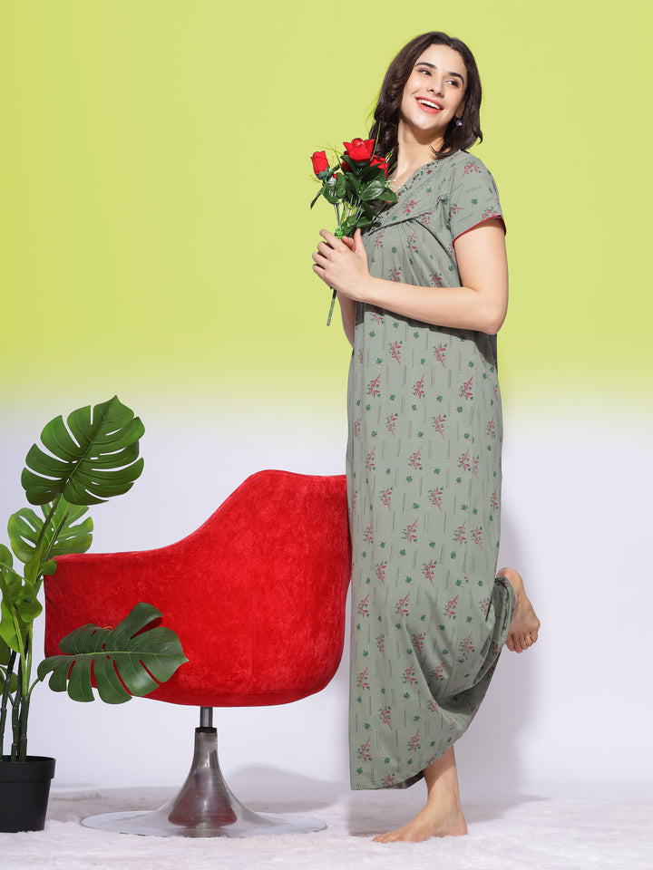 Olive Green Cotton Blend Maxi Nightdress with Front Buttons and Pocket